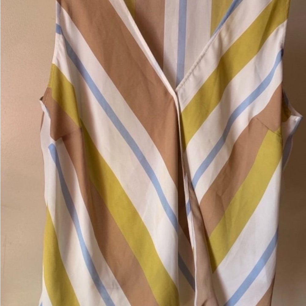 All in Favor Diagonal Striped Sleeveless Blouse in Yellow, Blue, and Tan